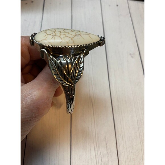 Silver Tone Cuff Bracelet with Large Teardrop Cream Stone Cabochon - Picture 4 of 5